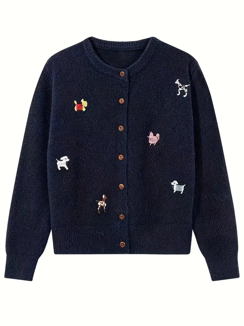 [Korean Style Puppy Sweater] Korean Style Gray Embroidered Puppy Sweater for Women | Relaxed Soft and Muddled Cardigan with Open Front - Perfect Birthday Gift