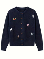 [Korean Style Puppy Sweater] Korean Style Gray Embroidered Puppy Sweater for Women | Relaxed Soft and Muddled Cardigan with Open Front - Perfect Birthday Gift