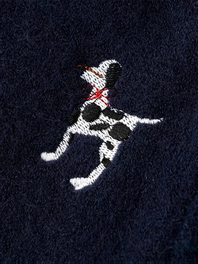 [Korean Style Puppy Sweater] Korean Style Gray Embroidered Puppy Sweater for Women | Relaxed Soft and Muddled Cardigan with Open Front - Perfect Birthday Gift