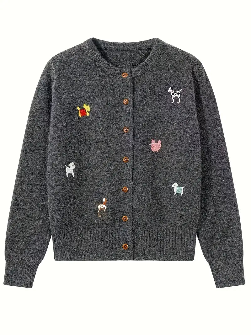 [Korean Style Puppy Sweater] Korean Style Gray Embroidered Puppy Sweater for Women | Relaxed Soft and Muddled Cardigan with Open Front - Perfect Birthday Gift