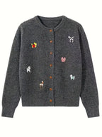 [Korean Style Puppy Sweater] Korean Style Gray Embroidered Puppy Sweater for Women | Relaxed Soft and Muddled Cardigan with Open Front - Perfect Birthday Gift