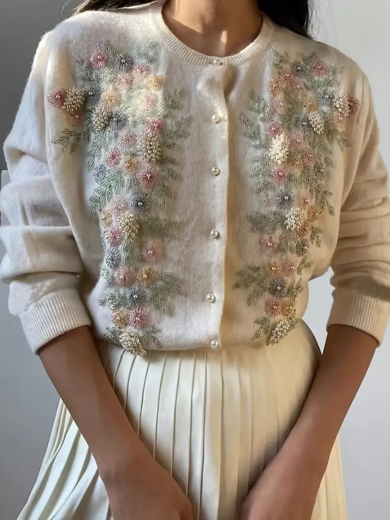 [Colorful Vintage Sweater] Colorful Vintage Handmade Beaded 3D Embroidery Crew Neck Sweater for Women