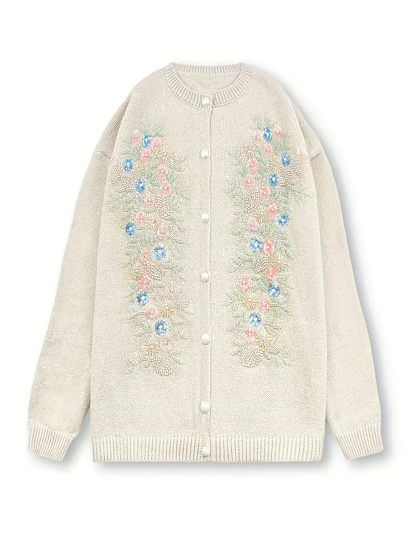 [Colorful Vintage Sweater] Colorful Vintage Handmade Beaded 3D Embroidery Crew Neck Sweater for Women