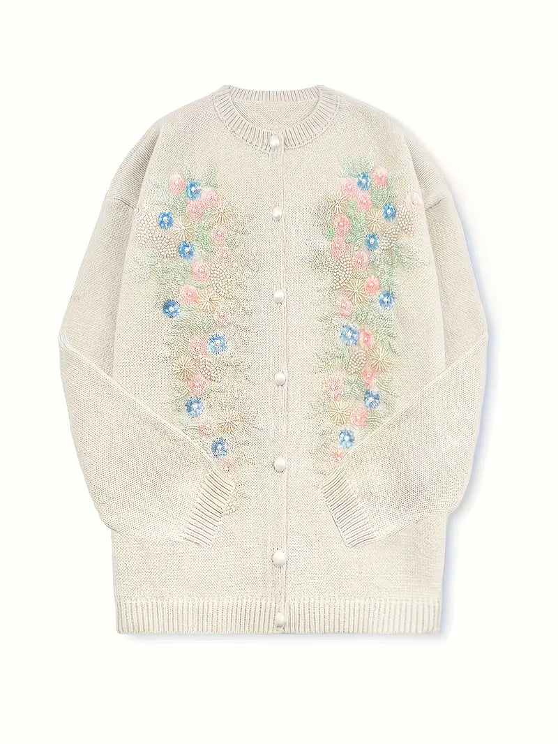 [Colorful Vintage Sweater] Colorful Vintage Handmade Beaded 3D Embroidery Crew Neck Sweater for Women