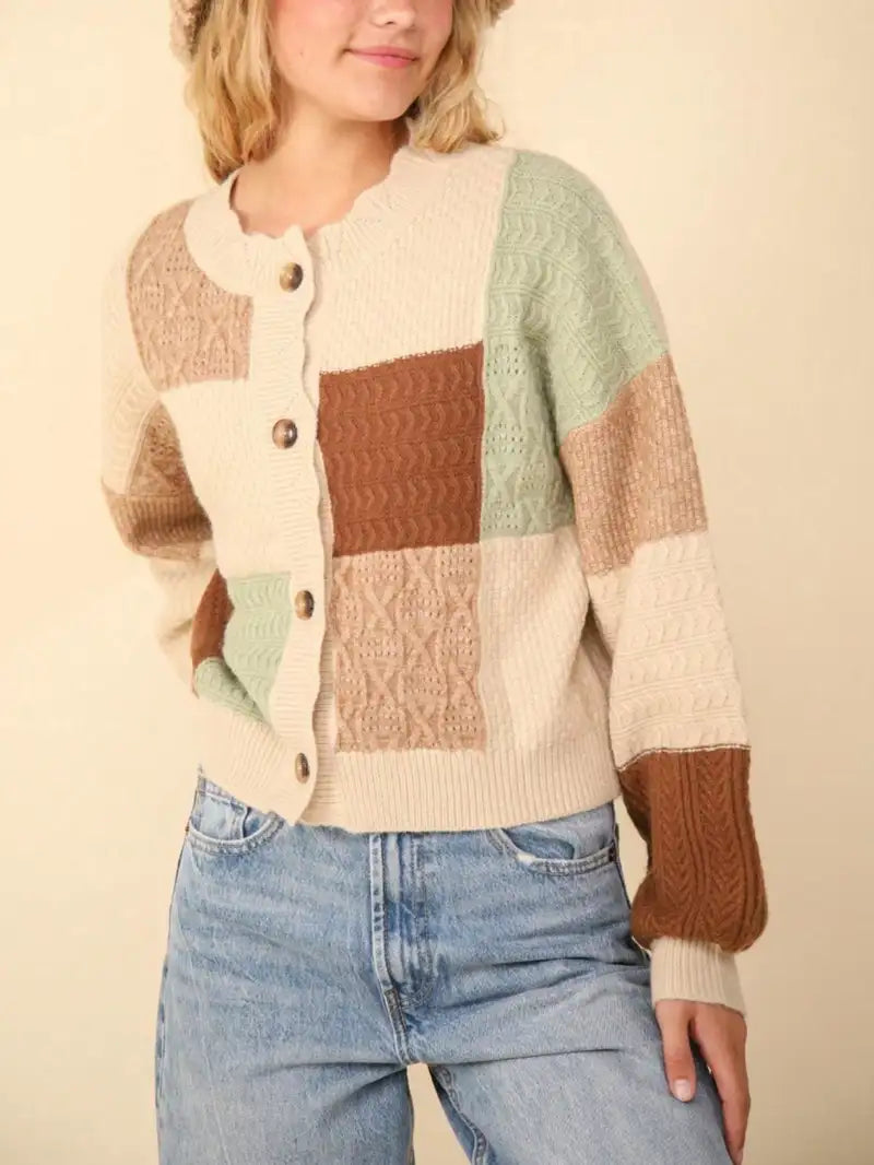 Women's Casual Cardigan Chic Color Block Button Down Textured Sweater Top Oatmeal Long Sleeves With Cuffed Hem Relaxed Fit Hip Length Perfect For Layering In Spring/Fall/Winter Essential Everyday Wear