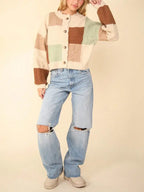 Women's Casual Cardigan Chic Color Block Button Down Textured Sweater Top Oatmeal Long Sleeves With Cuffed Hem Relaxed Fit Hip Length Perfect For Layering In Spring/Fall/Winter Essential Everyday Wear