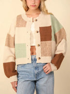 Women's Casual Cardigan Chic Color Block Button Down Textured Sweater Top Oatmeal Long Sleeves With Cuffed Hem Relaxed Fit Hip Length Perfect For Layering In Spring/Fall/Winter Essential Everyday Wear