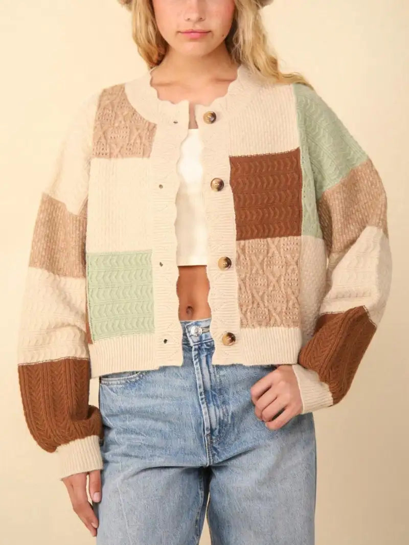 Women's Casual Cardigan Chic Color Block Button Down Textured Sweater Top Oatmeal Long Sleeves With Cuffed Hem Relaxed Fit Hip Length Perfect For Layering In Spring/Fall/Winter Essential Everyday Wear