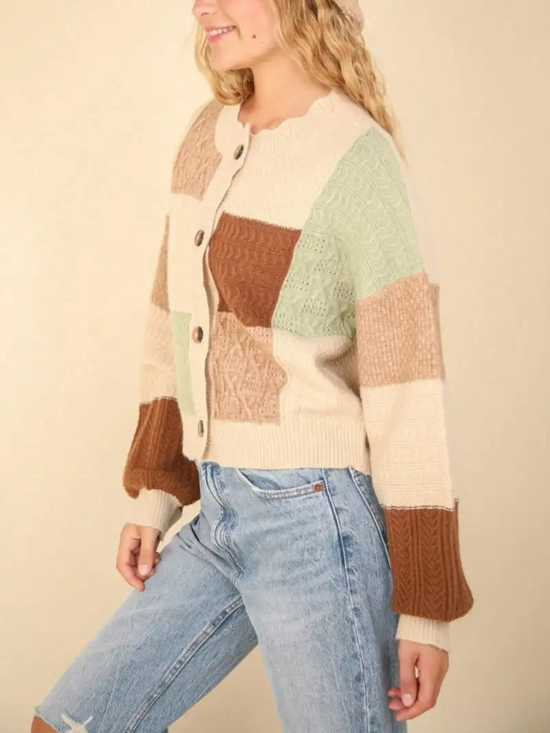 Women's Casual Cardigan Chic Color Block Button Down Textured Sweater Top Oatmeal Long Sleeves With Cuffed Hem Relaxed Fit Hip Length Perfect For Layering In Spring/Fall/Winter Essential Everyday Wear