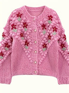Women's Embroidered Floral Acrylic Cardigan - Cute Crew Neck Knit Sweater with 3D Flower Details for Fall/Winter