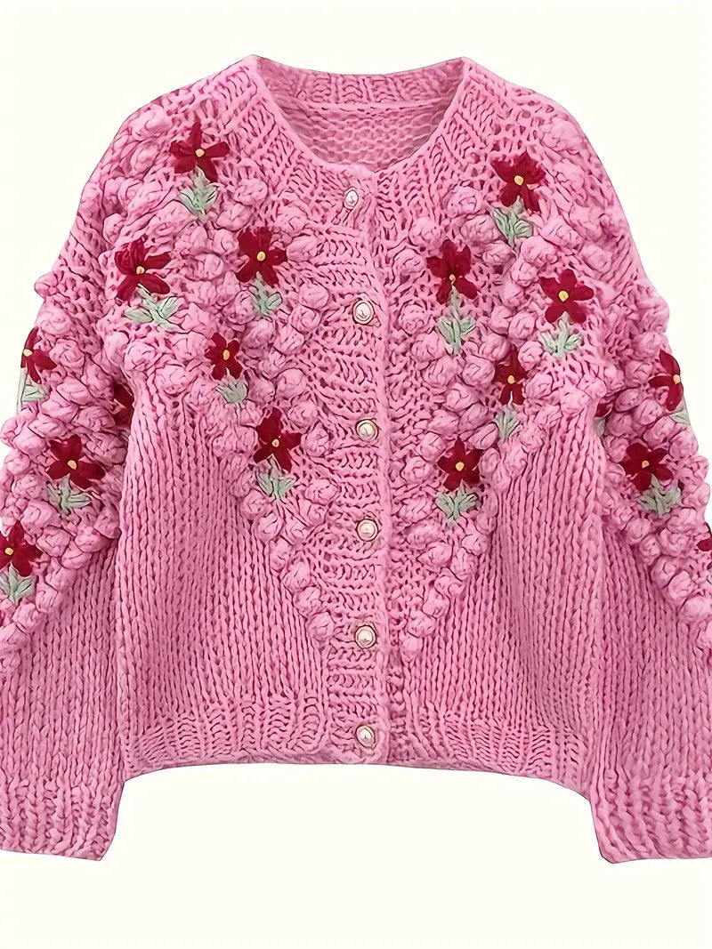 Women's Embroidered Floral Acrylic Cardigan - Cute Crew Neck Knit Sweater with 3D Flower Details for Fall/Winter