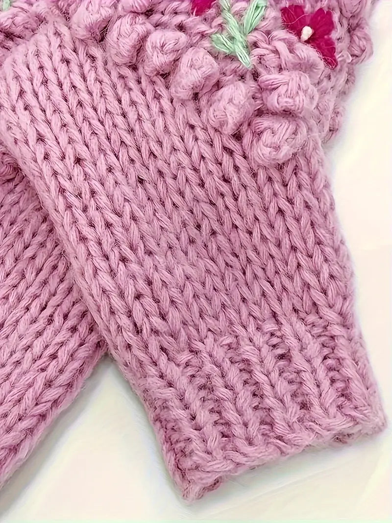 Women's Embroidered Floral Acrylic Cardigan - Cute Crew Neck Knit Sweater with 3D Flower Details for Fall/Winter