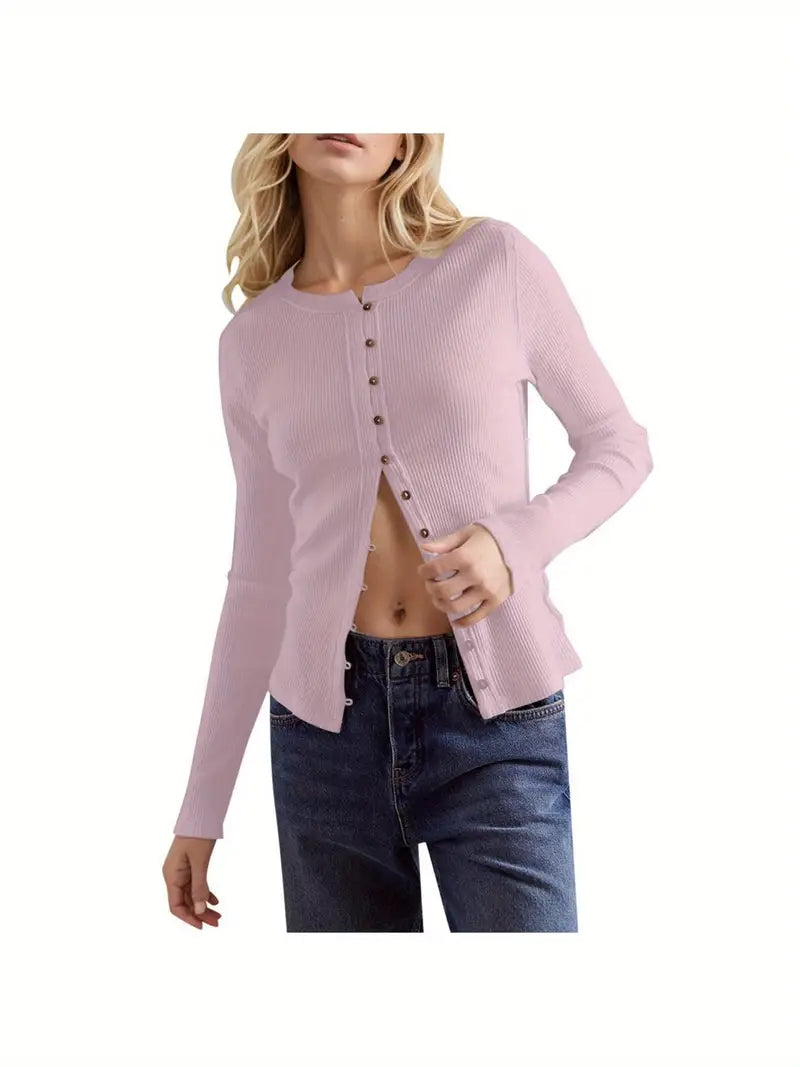 Women's Elegant Slim-Fit Solid Color Cardigan Jacket - Soft Pastel Pink Long Sleeve Open Collar Sweater with Contrast Trim, Round Neck & Button Front Closure, Cozy Fall Winter Tops for Casual & Formal Outfits, Seasonal Wardrobe, Ribbed Texture