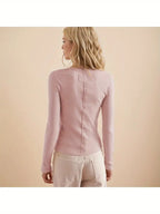 Women's Elegant Slim-Fit Solid Color Cardigan Jacket - Soft Pastel Pink Long Sleeve Open Collar Sweater with Contrast Trim, Round Neck & Button Front Closure, Cozy Fall Winter Tops for Casual & Formal Outfits, Seasonal Wardrobe, Ribbed Texture