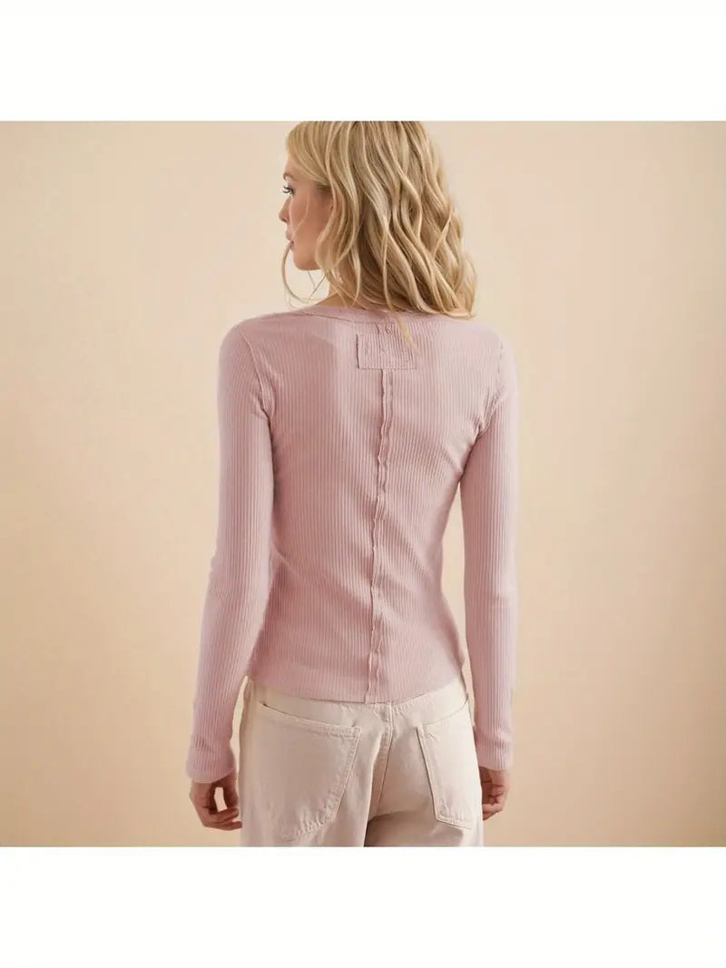 Women's Elegant Slim-Fit Solid Color Cardigan Jacket - Soft Pastel Pink Long Sleeve Open Collar Sweater with Contrast Trim, Round Neck & Button Front Closure, Cozy Fall Winter Tops for Casual & Formal Outfits, Seasonal Wardrobe, Ribbed Texture