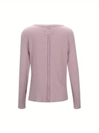 Women's Elegant Slim-Fit Solid Color Cardigan Jacket - Soft Pastel Pink Long Sleeve Open Collar Sweater with Contrast Trim, Round Neck & Button Front Closure, Cozy Fall Winter Tops for Casual & Formal Outfits, Seasonal Wardrobe, Ribbed Texture