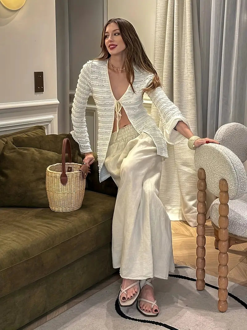 Spring and Autumn Elegant Vacation Date Ruffle Trim Pleated Tie-Back Long Sleeve Lightweight Jacket