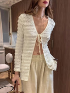Spring and Autumn Elegant Vacation Date Ruffle Trim Pleated Tie-Back Long Sleeve Lightweight Jacket