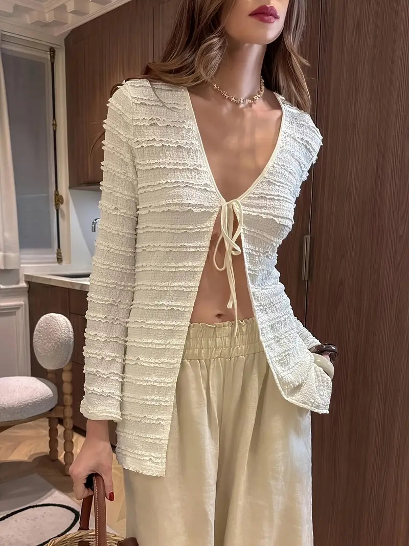 Spring and Autumn Elegant Vacation Date Ruffle Trim Pleated Tie-Back Long Sleeve Lightweight Jacket