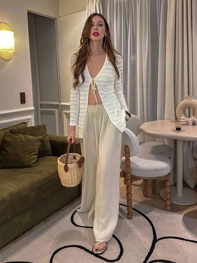 Spring and Autumn Elegant Vacation Date Ruffle Trim Pleated Tie-Back Long Sleeve Lightweight Jacket