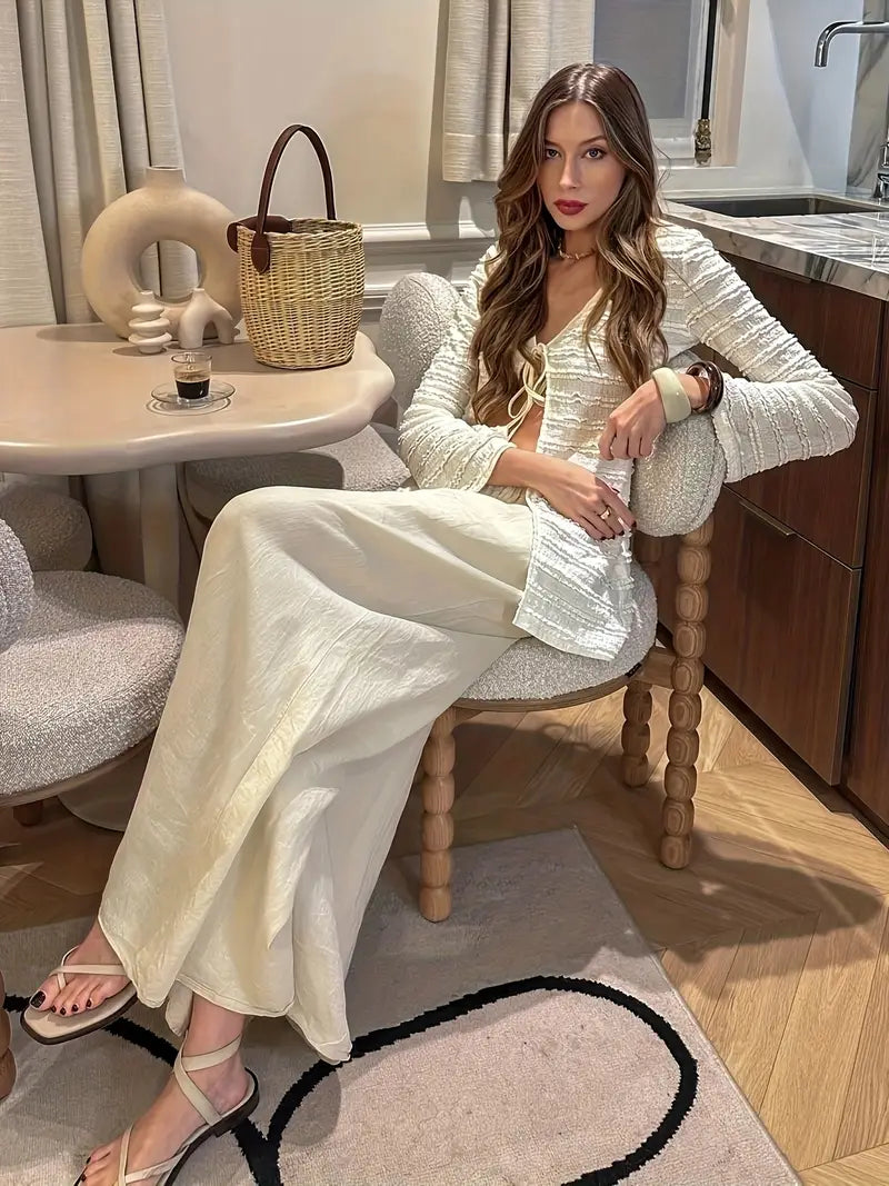 Spring and Autumn Elegant Vacation Date Ruffle Trim Pleated Tie-Back Long Sleeve Lightweight Jacket