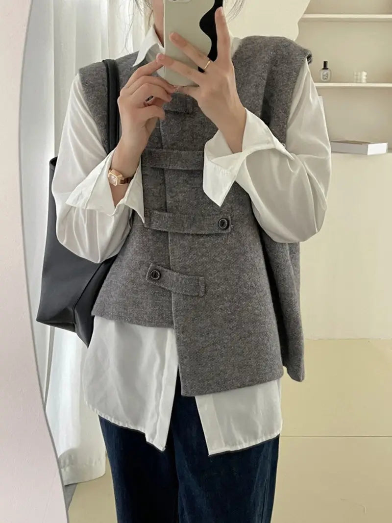 Women'S Elegant Button-Up Sweater Vest - Solid Color Beige Sleeveless Top with Black Buttons & Cuffs, Perfect for Streetwear & Casual Outfits, Streetwear Fashion | Sleeveless Top | Texture