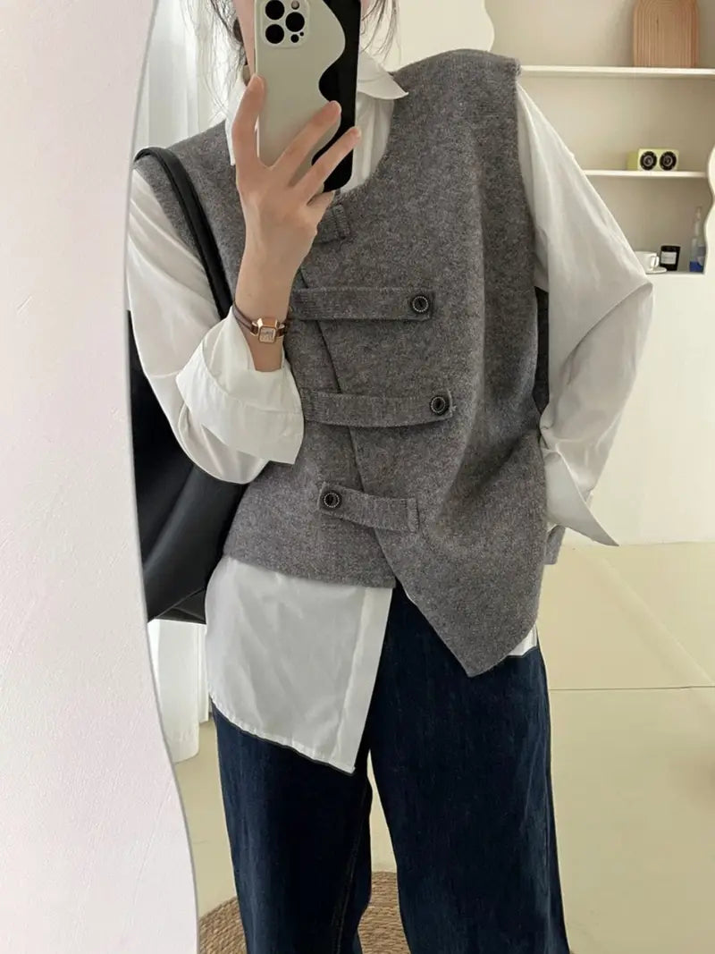 Women'S Elegant Button-Up Sweater Vest - Solid Color Beige Sleeveless Top with Black Buttons & Cuffs, Perfect for Streetwear & Casual Outfits, Streetwear Fashion | Sleeveless Top | Texture