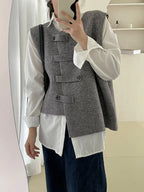 Women'S Elegant Button-Up Sweater Vest - Solid Color Beige Sleeveless Top with Black Buttons & Cuffs, Perfect for Streetwear & Casual Outfits, Streetwear Fashion | Sleeveless Top | Texture