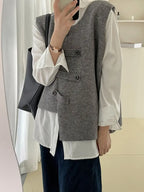 Women'S Elegant Button-Up Sweater Vest - Solid Color Beige Sleeveless Top with Black Buttons & Cuffs, Perfect for Streetwear & Casual Outfits, Streetwear Fashion | Sleeveless Top | Texture