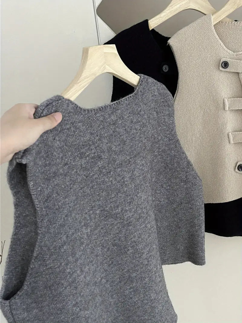 Women'S Elegant Button-Up Sweater Vest - Solid Color Beige Sleeveless Top with Black Buttons & Cuffs, Perfect for Streetwear & Casual Outfits, Streetwear Fashion | Sleeveless Top | Texture