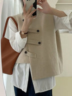 Women'S Elegant Button-Up Sweater Vest - Solid Color Beige Sleeveless Top with Black Buttons & Cuffs, Perfect for Streetwear & Casual Outfits, Streetwear Fashion | Sleeveless Top | Texture