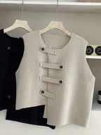 Women'S Elegant Button-Up Sweater Vest - Solid Color Beige Sleeveless Top with Black Buttons & Cuffs, Perfect for Streetwear & Casual Outfits, Streetwear Fashion | Sleeveless Top | Texture