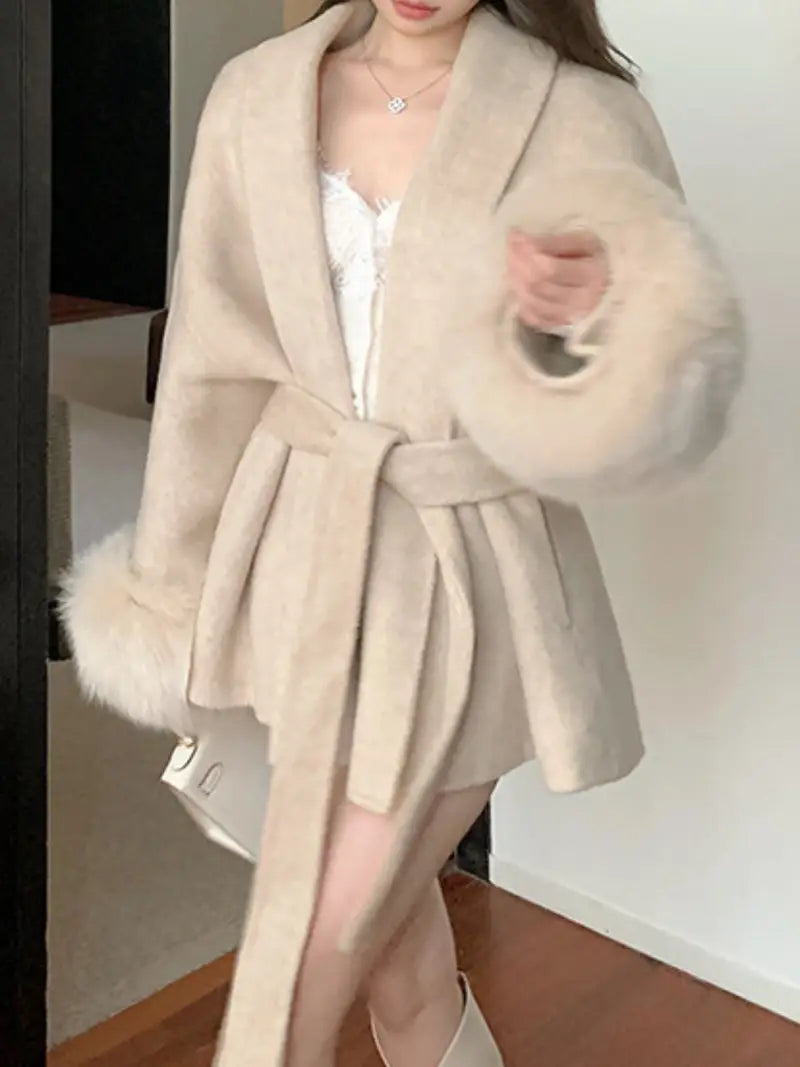 Women's Grey Waist-Cinching A-Line Jacket - Solid Color Long Sleeve Semi-Open Front Coat, Belted Winter Overcoat for, Casual & Semi-Formal Outfits (No Stretch, Hand Wash/Dry Clean)