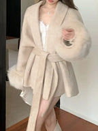 Women's Grey Waist-Cinching A-Line Jacket - Solid Color Long Sleeve Semi-Open Front Coat, Belted Winter Overcoat for, Casual & Semi-Formal Outfits (No Stretch, Hand Wash/Dry Clean)