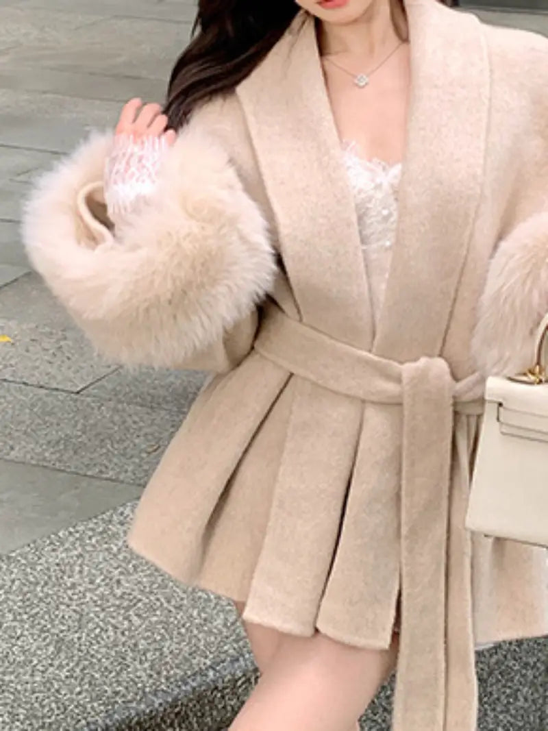 Women's Grey Waist-Cinching A-Line Jacket - Solid Color Long Sleeve Semi-Open Front Coat, Belted Winter Overcoat for, Casual & Semi-Formal Outfits (No Stretch, Hand Wash/Dry Clean)