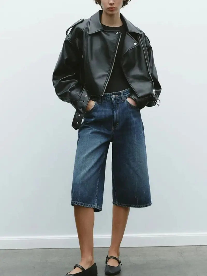 Women's Cropped Biker Jacket with Lapel & Full-Zip Short Coat - Belted Casual to Dressy Outerwear, Short Length for Jeans/Dresses, Machine Washable, Year-Round Wear (Non-Stretch)