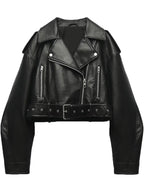 Women's Cropped Biker Jacket with Lapel & Full-Zip Short Coat - Belted Casual to Dressy Outerwear, Short Length for Jeans/Dresses, Machine Washable, Year-Round Wear (Non-Stretch)