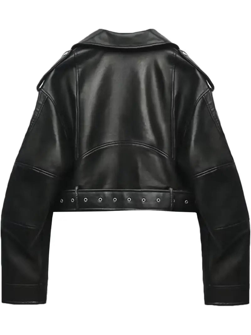 Women's Cropped Biker Jacket with Lapel & Full-Zip Short Coat - Belted Casual to Dressy Outerwear, Short Length for Jeans/Dresses, Machine Washable, Year-Round Wear (Non-Stretch)