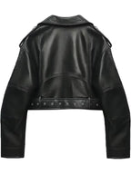 Women's Cropped Biker Jacket with Lapel & Full-Zip Short Coat - Belted Casual to Dressy Outerwear, Short Length for Jeans/Dresses, Machine Washable, Year-Round Wear (Non-Stretch)