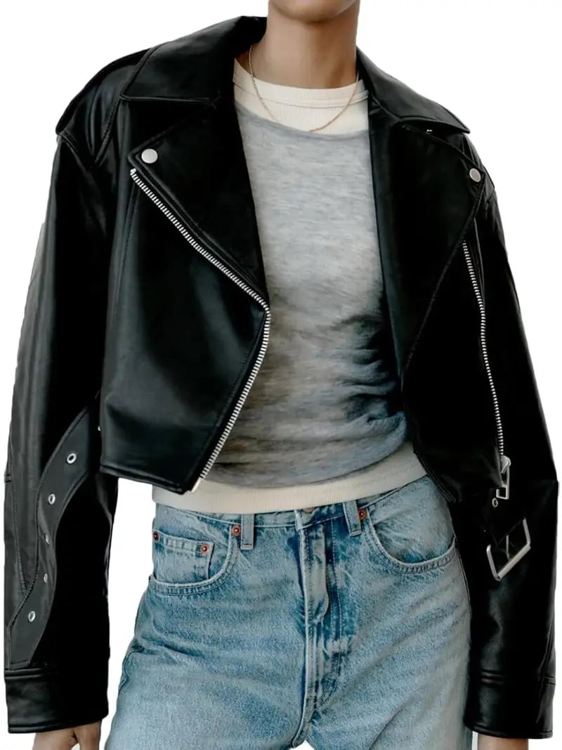 Women's Cropped Biker Jacket with Lapel & Full-Zip Short Coat - Belted Casual to Dressy Outerwear, Short Length for Jeans/Dresses, Machine Washable, Year-Round Wear (Non-Stretch)