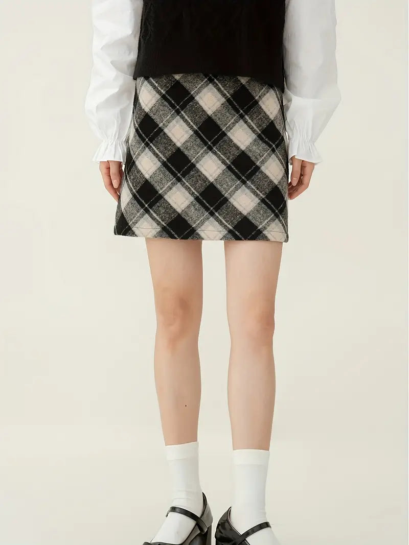 1pc Y2K Style Women'S Plaid Skirt, 95% Polyester 5% Elastane Knit Fabric with Zipper Detail, All-Season Fashion Skirt