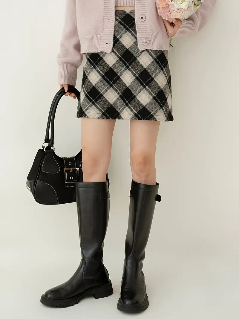 1pc Y2K Style Women'S Plaid Skirt, 95% Polyester 5% Elastane Knit Fabric with Zipper Detail, All-Season Fashion Skirt