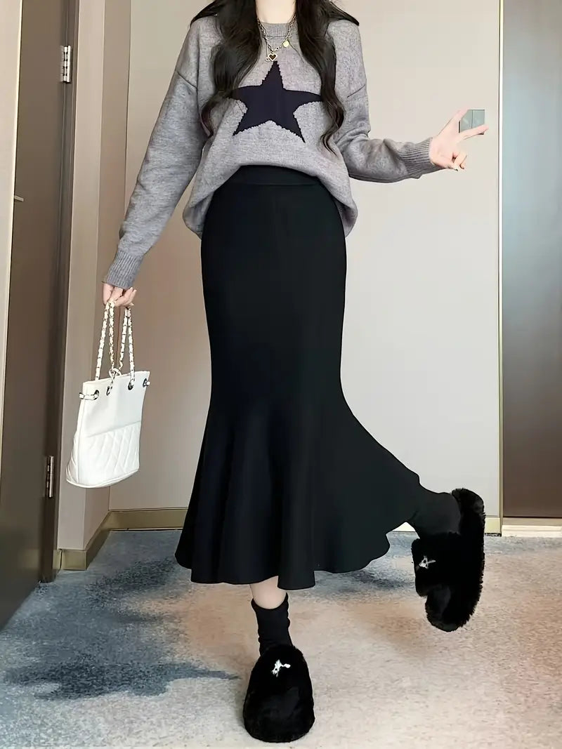 Elegant High-Waist A-Line Midi Skirt for Women - Soft, Flattering Fit with Flowing Hem, Casual & Chic Style, Perfect for Fall/Winter, Black, Casual Chic Skirt | Highwaist Skirt | Construction, Cute Skirts