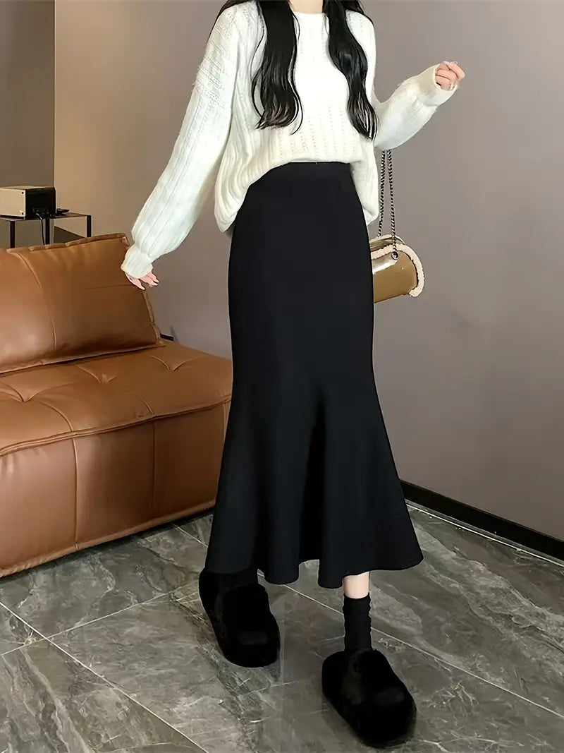 Elegant High-Waist A-Line Midi Skirt for Women - Soft, Flattering Fit with Flowing Hem, Casual & Chic Style, Perfect for Fall/Winter, Black, Casual Chic Skirt | Highwaist Skirt | Construction, Cute Skirts