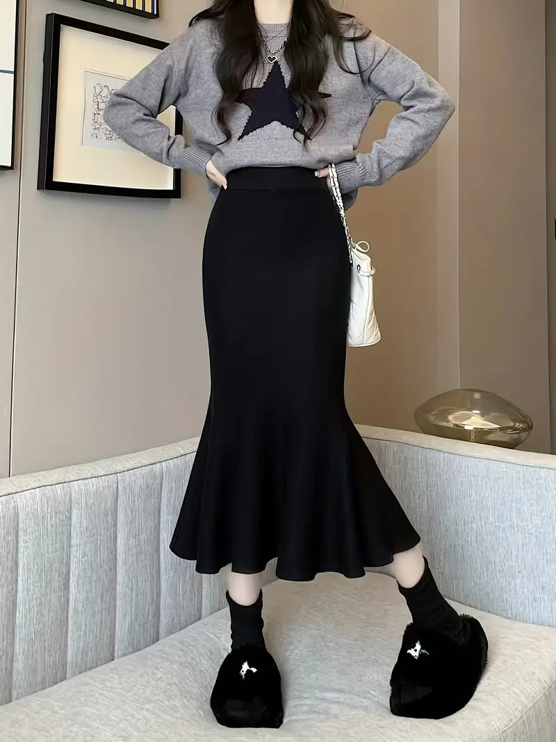 Elegant High-Waist A-Line Midi Skirt for Women - Soft, Flattering Fit with Flowing Hem, Casual & Chic Style, Perfect for Fall/Winter, Black, Casual Chic Skirt | Highwaist Skirt | Construction, Cute Skirts