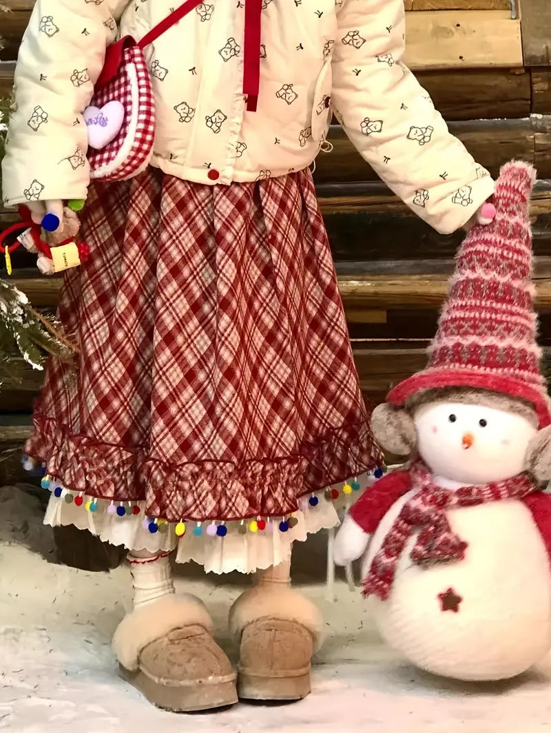 Women's Vintage Red & White Plaid A-Line Skirt with Fringe Hem - Rhombus Check Print Winter Christmas Skirt, Flared Umbrella Skirt for Scottish Dance, Folk Costume & Holiday Party Outfits (Machine Washable)