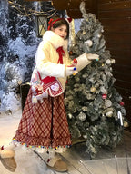 Women's Vintage Red & White Plaid A-Line Skirt with Fringe Hem - Rhombus Check Print Winter Christmas Skirt, Flared Umbrella Skirt for Scottish Dance, Folk Costume & Holiday Party Outfits (Machine Washable)