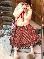 Women's Vintage Red & White Plaid A-Line Skirt with Fringe Hem - Rhombus Check Print Winter Christmas Skirt, Flared Umbrella Skirt for Scottish Dance, Folk Costume & Holiday Party Outfits (Machine Washable)