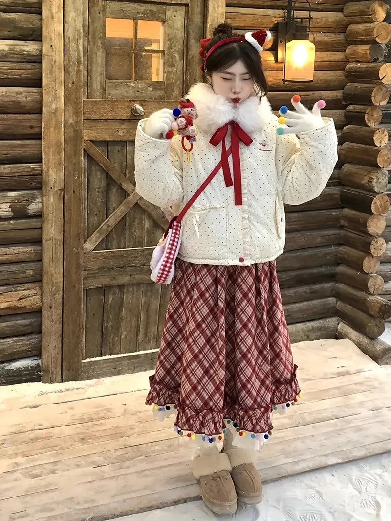 Women's Vintage Red & White Plaid A-Line Skirt with Fringe Hem - Rhombus Check Print Winter Christmas Skirt, Flared Umbrella Skirt for Scottish Dance, Folk Costume & Holiday Party Outfits (Machine Washable)