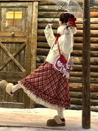 Women's Vintage Red & White Plaid A-Line Skirt with Fringe Hem - Rhombus Check Print Winter Christmas Skirt, Flared Umbrella Skirt for Scottish Dance, Folk Costume & Holiday Party Outfits (Machine Washable)